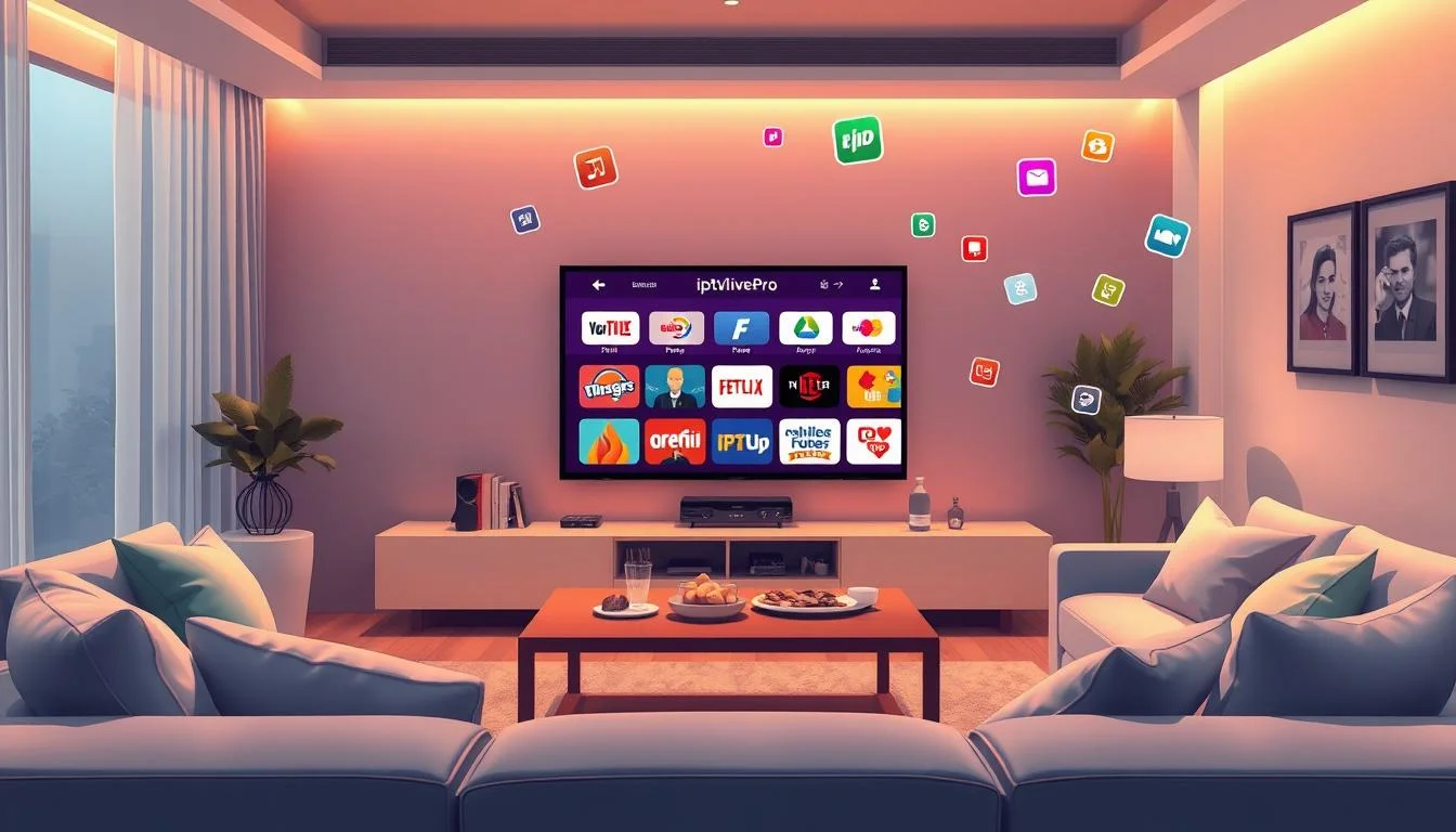 A modern living room with warm lighting, featuring a comfortable sofa and a small wooden table with drinks and snacks. On the front wall, a smart TV displays IPTV apps like YouTube, Netflix, and other streaming applications, as highlighted in a Guide to IPTV, with app icons floating in the air around the screen. Decorative plants and framed pictures adorn the space, completing the cozy setup.