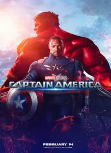 Home 20 Poster of "Captain America: Brave New World" by Marvel Studios. The image features a superhero in the foreground wearing a blue Captain America suit with a silver star on the chest, holding the iconic Captain America shield. Behind him, a massive red-skinned muscular character looms, suggesting the presence of a powerful figure in the movie. The colors in the image blend blue and red tones with fiery effects and a mysterious background.
