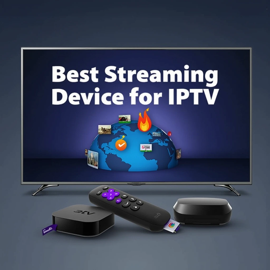 Promotional image featuring the phrase 'Best Streaming Device for IPTV' in large, bold text at the center, surrounded by icons of popular streaming devices including Roku, Amazon Fire TV, Nvidia Shield, Apple TV, and an Android TV box. The image also includes a graphic symbolizing IPTV, such as a TV screen or globe, and small icons representing key features like 4K resolution, app compatibility, and speed. The background is simple and modern with tech-friendly colors like blue and gray.