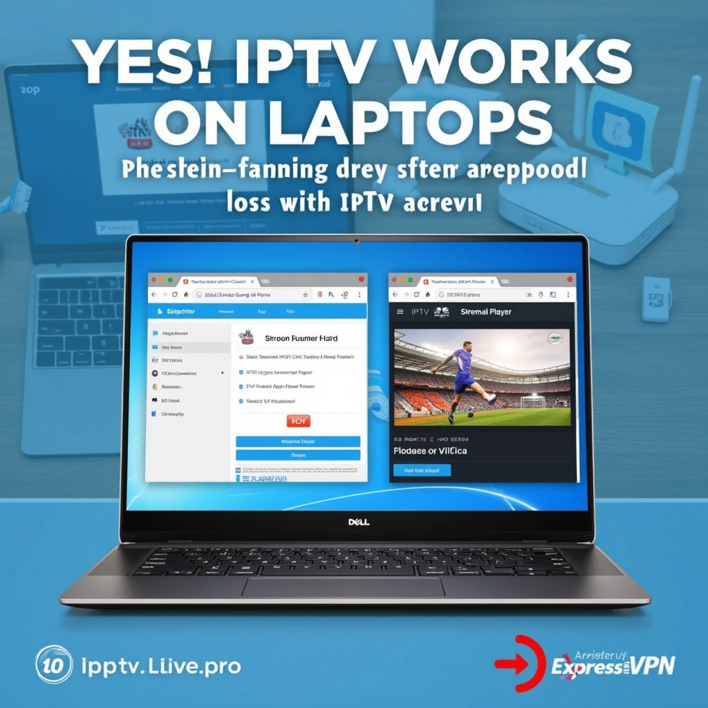 A promotional advertisement for an IPTV service featuring a Dell laptop with two open browser windows—one displaying a website interface and the other streaming a football match. The background includes a faded image of a laptop and a router. The main headline reads, "YES! IPTV WORKS ON LAPTOPS," followed by unclear text. The Express VPN logo appears in the bottom right corner.