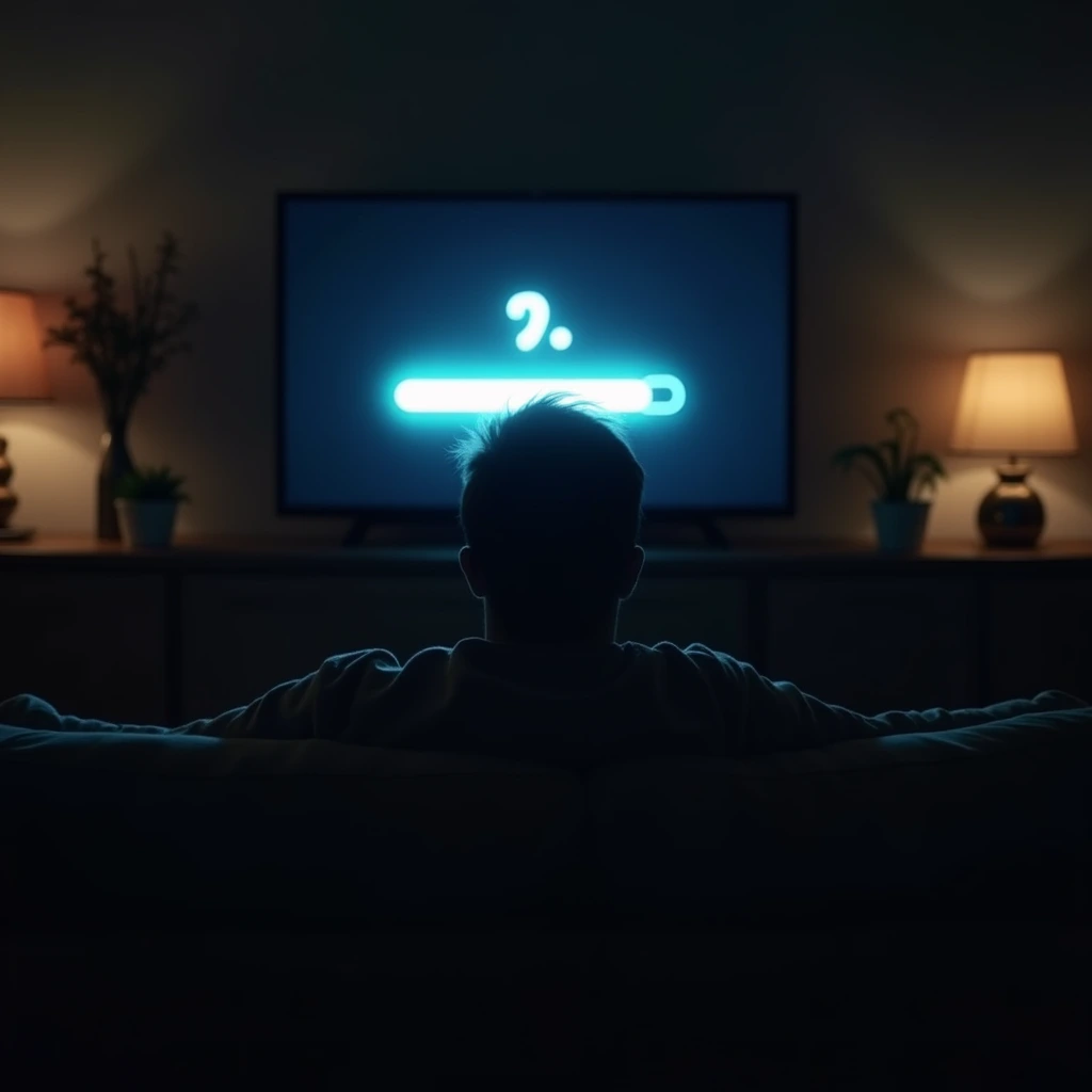 Cinematic image showing a living room with a person frustrated by IPTV buffering on a TV screen, contrasted with the same person enjoying smooth streaming after optimizing their setup