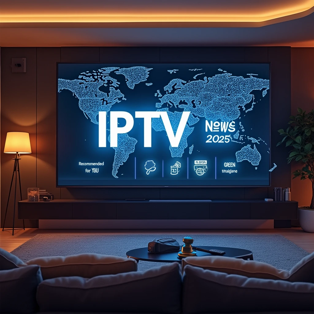 Futuristic living room with a smart TV prominently displaying 'IPTV News 2025' in bold, AI-powered recommendations, and global connectivity