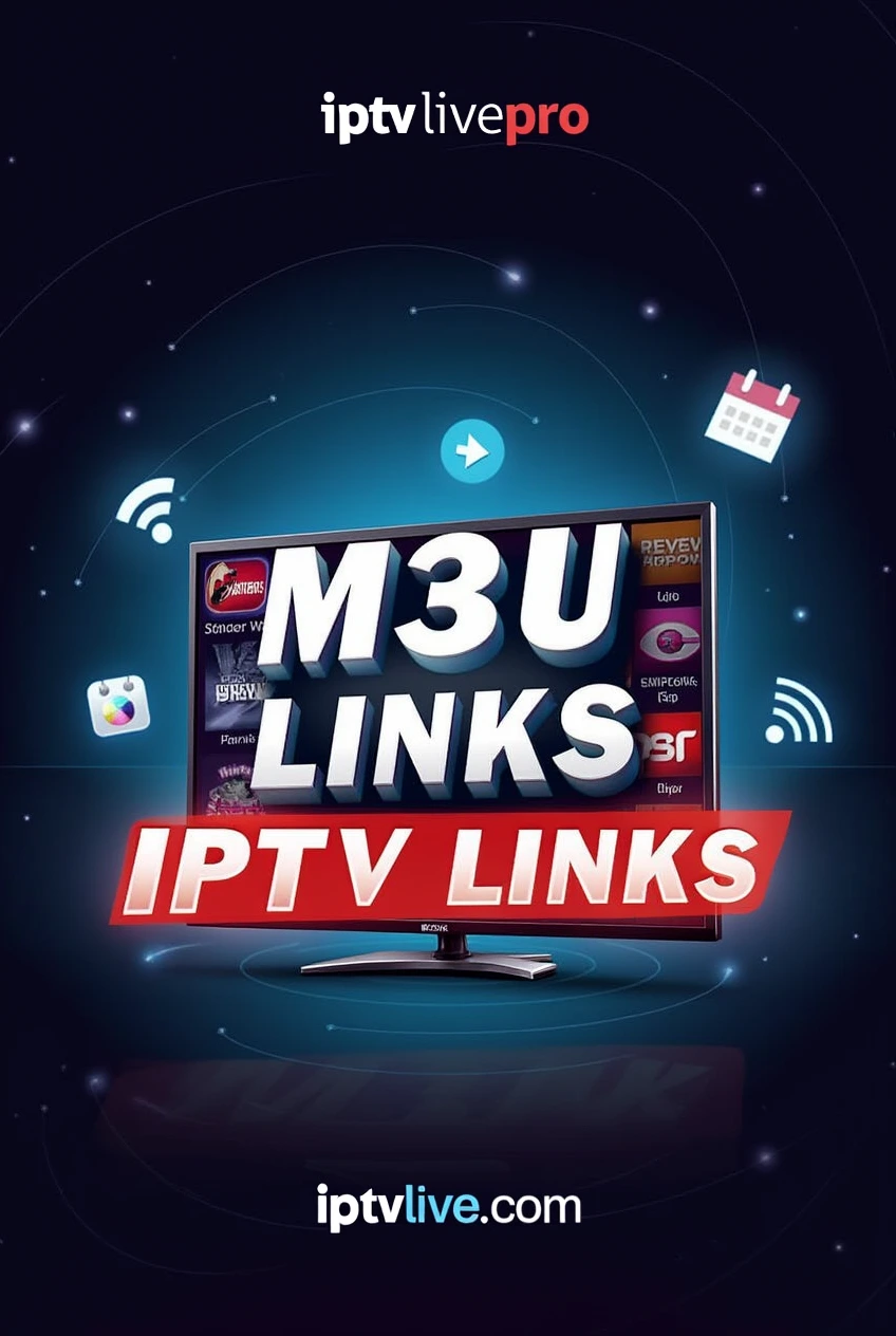 A digital illustration featuring a smart TV streaming a colorful M3U Links IPTV interface with channel logos. Bold, white text reading "M3U Links IPTV" in a thick font with a red outline is prominently displayed. Wi-Fi signals, play buttons, and a calendar icon surround the TV, with a dark blue-to-black gradient background and glowing connectivity lines. The iptvlivepro.com logo is in the bottom right corner.