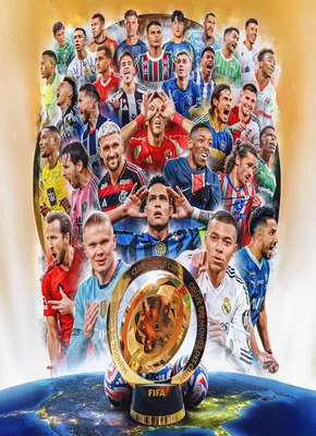 Home 7 A vibrant graphic featuring numerous soccer players in various uniforms surrounding a central FIFA Club World Cup trophy, set against a global background