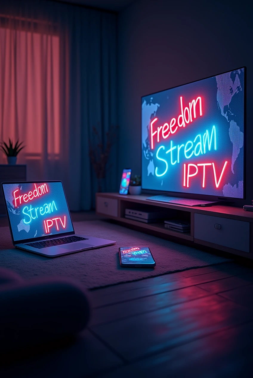 Digital illustration of a smart TV, laptop, and smartphone streaming content in a modern living room, with Freedom Stream IPTV boldly displayed on the TV screen, highlighting flexible, global IPTV streaming in 2025.