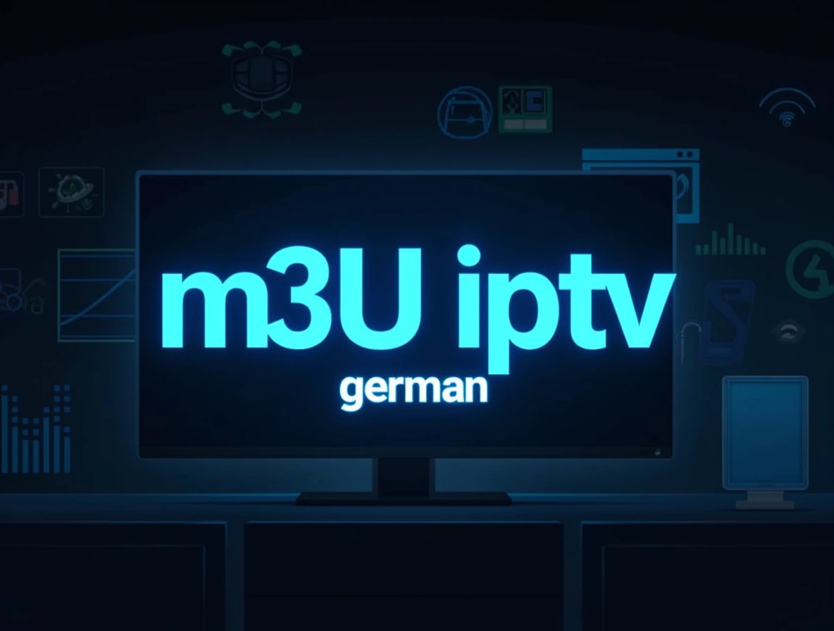 A digital illustration showing a streaming setup with the text 'm3u iptv german' prominently displayed in bold white letters on a dark background, alongside a smart TV, German flag icon, and network signal waves, symbolizing German IPTV streaming via M3U playlists.