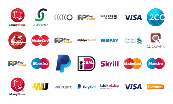 Home 41 A screenshot displaying a grid of various payment system and bank logos, including MoneyGram, SWITCH, PayPoint, Western Union, VISA, 2CO, MasterCard, Maestro, PayPal, Skrill, Standard Chartered, Amazon, WePay, ClickBank, iDEAL, wirecard, and others, on a white background.