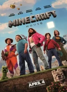 Home 29 A movie poster for "Minecraft: The Movie" featuring four people standing together in front of a bright, blocky sky with clouds, a bee, and Minecraft-style elements, including a Creeper and a stone block statue at the bottom.