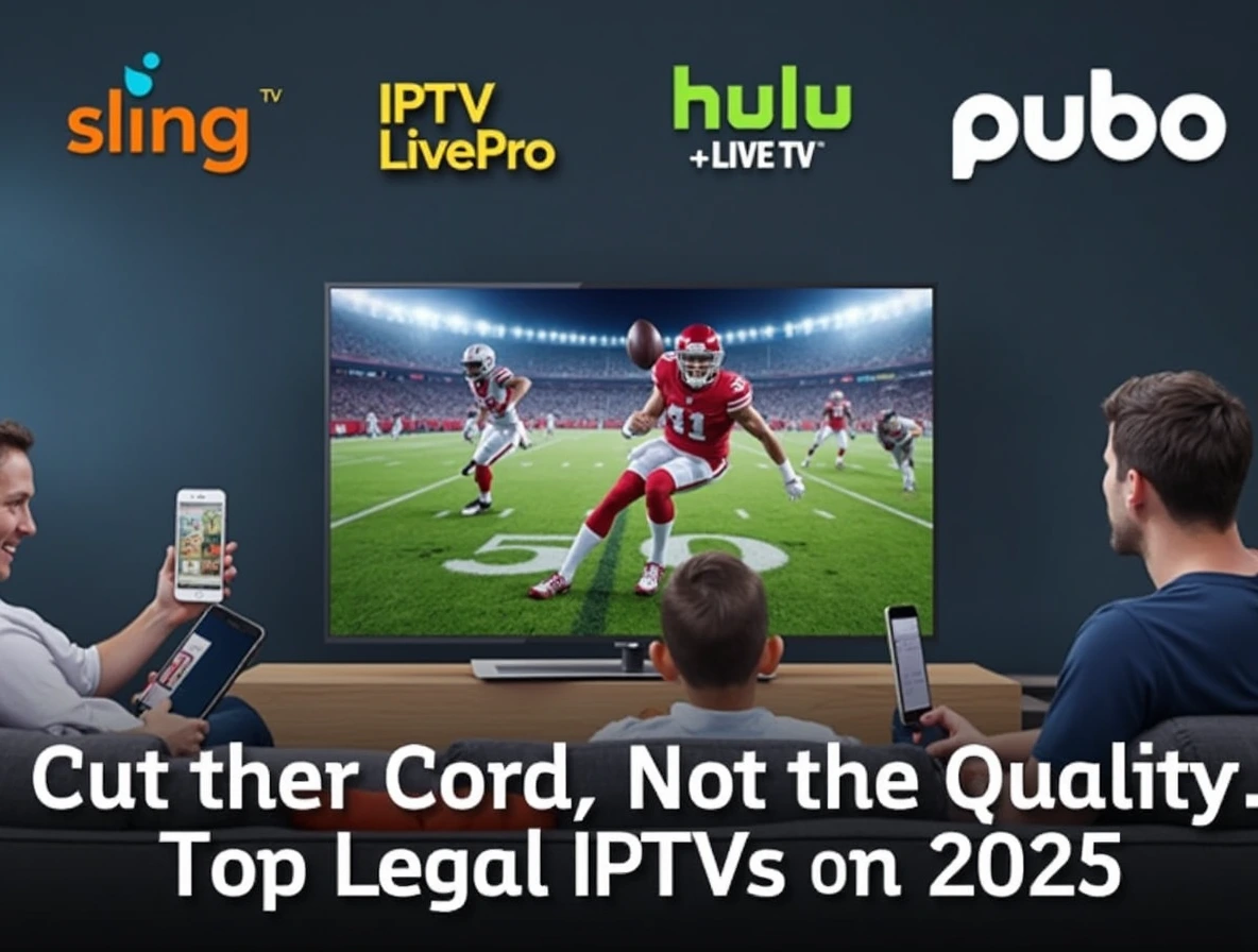 Collage of legal IPTV providers in the USA for 2025, including Sling TV, IPTVLivePro, Hulu + Live TV, fuboTV, and Philo logos. A family watches a 4K football game on a smart TV, with live TV apps open on a smartphone and tablet. Background features a futuristic streaming theme with the tagline: 'Cut the Cord, Not the Quality—Top Legal IPTVs for 2025!'