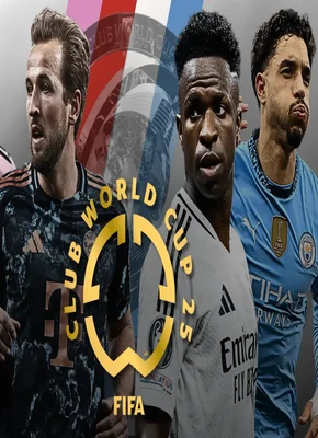 Home 6 A promotional image for the FIFA Club World Cup, featuring football stars Harry Kane, Vinicius Jr., and Rรบben Dias, with the event logo.