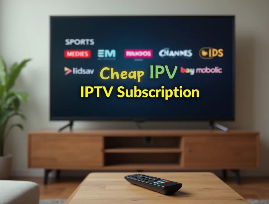 Flat-screen TV in a cozy living room showing various IPTV channels with bold text 'Cheap IPTV Subscription' displayed prominently