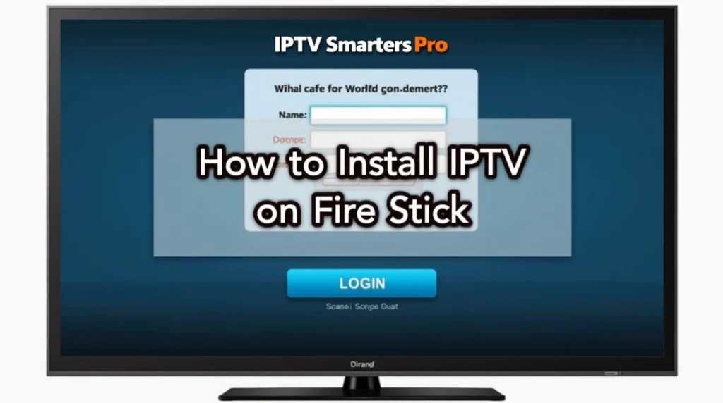 Fire Stick screen showing IPTV Smarters Pro login with the bold text 'How to Install IPTV on Fire Stick' displayed in the center.
