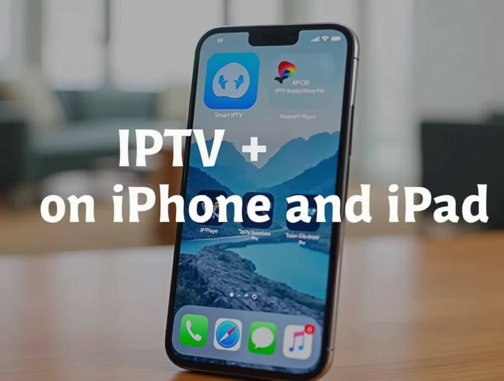 A screenshot of an iPhone home screen showcasing the GSE Smart IPTV, IPTV Smarters Pro, and TiviMate IPTV Player app icons for IPTV on iPhone and iPad, with a scenic blue mountain background. The phone is on a wooden table in a cozy living room, with blurred furniture and windows. The text "IPTV on iPhone and iPad" is boldly displayed at the top.