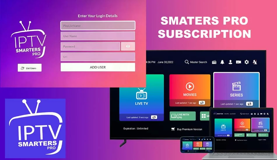 Computer screen displaying "IPTV Smarters Pro" application with a login form and main user interface.