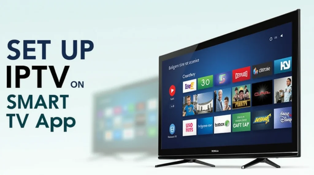 A Smart TV displaying an IPTV app with "Set Up IPTV on Smart TV" prominently on screen.