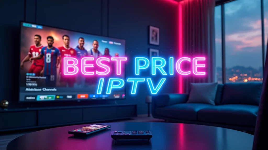A cinematic digital illustration of a futuristic living room with a large 4K smart TV displaying a vibrant IPTV interface featuring live sports, movies, and international channels. A remote and smartphone rest on a glass coffee table, with neon-lit text reading "Best Price IPTV Subscription" glowing across the center. The scene is enhanced with lens flares, holographic icons, and a cityscape view, evoking a high-tech, immersive entertainment experience.